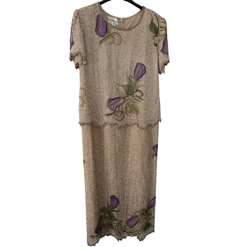 Davids Bridal Vintage 100% Silk Beaded Floral Dress Mother of Bride Size 16